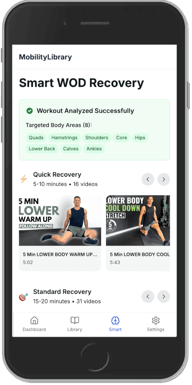 Smart WOD Recovery screen depicting the results of a workout screenshot